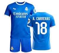 Stock Futbol Real Madrid - Réplica Oficial 3ª Equipación 25/26 | Camiseta y Pantalón Niño Unisex A. Carreras 18 | Azul | Nombre y Número Jugador | Tejido Transpirable | Set Completo Fan (8 años)