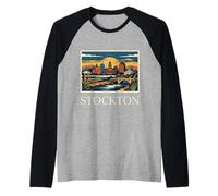 Stockton California Retro Vintage Horizonte Río Puente Ciudad Camiseta Manga Raglan