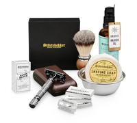 Störtebekker® Premium Clean Shaving Set - Maquinilla de afeitar con funda de piel y 10 cuchillas, brocha de afeitar, jabón de afeitar de sándalo, bandeja de afeitar, piedra de alumbre y aceite de