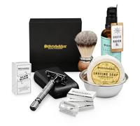 Störtebekker® Premium Clean Shaving Set - Maquinilla de afeitar con funda de piel y 10 cuchillas, brocha de afeitar, jabón de afeitar de sándalo, bandeja de afeitar, piedra de alumbre y aceite de