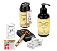 Störtebekker® Rise 'N Shine Shaving Set - Kit de afeitado para hombre - con maquinilla de afeitar con funda y 10 cuchillas, gel de afeitar, bálsamo after shave y piedra de alumbre (Oro rosado - Negro)