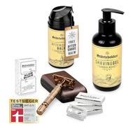 Störtebekker® Rise 'N Shine Shaving Set - Kit de afeitado para hombre - con maquinilla de afeitar con funda y 10 cuchillas, gel de afeitar, bálsamo after shave y piedra de alumbre (Oro rosado - Café)