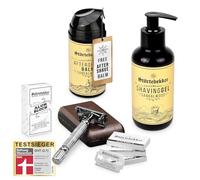 Störtebekker® Rise 'N Shine Shaving Set - Kit de afeitado para hombre - con maquinilla de afeitar con funda y 10 cuchillas, gel de afeitar, bálsamo after shave y piedra de alumbre (Plata - Café)