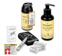 Störtebekker® Rise 'N Shine Shaving Set - Kit de afeitado para hombre - con maquinilla de afeitar con funda y 10 cuchillas, gel de afeitar, bálsamo after shave y piedra de alumbre (Plata - Negro)
