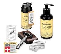 Störtebekker® Rise 'N Shine Shaving Set - Kit de afeitado para hombre - con maquinilla de afeitar con funda y 10 cuchillas, gel de afeitar, bálsamo after shave y piedra de alumbre (Negro - Café)