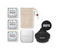 Störtebekker - Set de ducha de alta calidad, champú fijo de madera de sándalo (3 unidades, bolsa de sisal, jabón de aluminio + cepillo para el cuero cabelludo, juego de champú para cabello y cuero