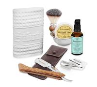 Störtebekker® Shaving Care Set - Kit de afeitado incl. Navaja de afeitar, funda, brocha de afeitar, jabón de afeitar, cuenco de afeitado, aceite de afeitar y toalla de afeitar (Madera - Café)