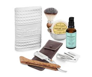 Störtebekker® Shaving Care Set - Kit de afeitado incl. Navaja de afeitar, funda, brocha de afeitar, jabón de afeitar, cuenco de afeitado, aceite de afeitar y toalla de afeitar (Madera - Café)