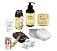Störtebekker® Shower & Shave Essential Set - set de afeitado y ducha - con maquinilla de afeitar, gel de afeitar, after shave, piedra de alumbre, champú sólido y jabón de aluminio (Oro rosado - Negro)