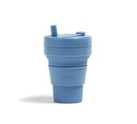 STOJO On-The-Go Biggie - Taza de café plegable con tapa, 473 ml, taza de viaje de silicona reutilizable y plegable, portátil, tamaño de bolsillo, apta para lavavajillas, azul acero