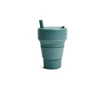 STOJO On-The-Go Biggie - Taza de café plegable con tapa, 473 ml, taza de viaje de silicona reutilizable y plegable, portátil, tamaño de bolsillo, apta para lavavajillas, eucalipto