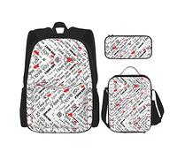 StOlmx Juego de 3 bolsas ligeras ajustables para viajes, senderismo, bolsa de almuerzo aislada y bolsa para lápices, estampado de pétalos florales verdes cazador, I Love You Words With Hearts, Talla
