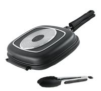 Stone&Stone Parrilla doble rectangular, 32x25 cm, sartén profesional | calidad alemana | súper antiadherente | 2 parrillas separables | inducción | cierre hermético + pinza