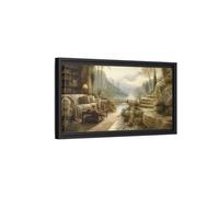 Stone Terrace Lake View Framed Canvas Print - Living Room, Above Couch, Warm Neutrals & Greens 20×10 inch (50×25 cm) - Horizontal/Black / 1.25 inch (3 cm)