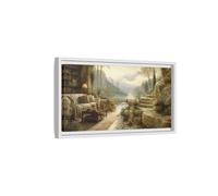 Stone Terrace Lake View Framed Canvas Print - Living Room, Above Couch, Warm Neutrals & Greens 20×10 inch (50×25 cm) - Horizontal/White / 1.25 inch (3 cm)