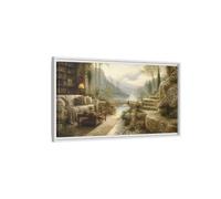 Stone Terrace Lake View Framed Canvas Print - Living Room, Above Couch, Warm Neutrals & Greens 32×16 inch (80×40 cm) - Horizontal/White / 1.25 inch (3 cm)