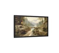 Stone Terrace Lake View Framed Canvas Print - Living Room, Above Couch, Warm Neutrals & Greens 32×16 inch (80×40 cm) - Horizontal/Black / 1.25 inch (3 cm)