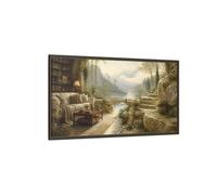 Stone Terrace Lake View Framed Canvas Print - Living Room, Above Couch, Warm Neutrals & Greens 48×24 inch (120×60 cm) - Horizontal/Espresso / 1.25 inch (3 cm)