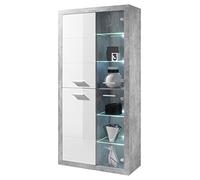 STONE Vitrina grande con acabado en hormigón y blanco de brillo intenso, contemporána vitrina con iluminación led y mucho espacio de almacenamiento, 92 x 194 x 37 cm (ancho/alto/profundo)