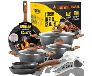 STONELINE BACK TO NATURE Batería de Cocina CERÁMICA 14 Piezas 18/20/24 cm Efecto Madera Ollas Sartenes Induccion con Tapas Revestimiento Antiadherente con Partículas Piedra Reales, Todo Tipo Cocinas