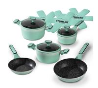 STONELINE Batería de Cocina 11 Piezas 18/20/24 cm Juego de Sartenes y Ollas con Tapa, Olla Sartén Inducción, Antiadherente con Partículas de Piedra Reales, Todo Tipo Cocinas, Color: Menta