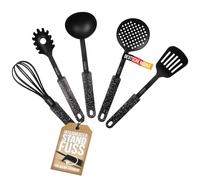 STONELINE Juego de 5 utensilios de cocina de nailon con práctico soporte, resistentes al calor para sartenes y ollas antiadherentes, higiénicos con soporte integrado para utensilios de cocina, negro