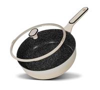 STONELINE Sartén Honda 28 cm con Tapa Sartén Grande Antiadherente Sartén Inducción con Revestimiento Antiadherente con Partículas Piedra Reales, Todo Tipo Cocinas, Cocinar Sin Grasa, Color Crema
