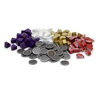 Stonemaier Games: Wyrmspan - Paquete de actualización | Monedas de metal y recursos de madera | 45 monedas de dragón de metal de doble cara y 104 recursos de madera (carne, oro, gema y leche) - Añadir