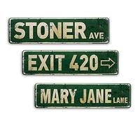 Stoner Avenue - Letrero de calle vintage de metal de 3 piezas con montaje de 4 agujeros, impermeable y resistente al óxido, letreros de calle con impresión UV, decoraciones perfectas 420 y accesorios