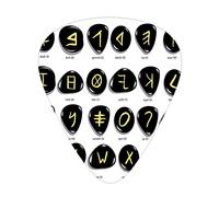 Stones - Juego de 12 púas universales para guitarra ABS, ilustración del alfabeto fenicio dibujado a mano escrito en piedras redondas de spa, para guitarra acústica y eléctrica, oro blanco y negro