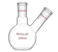 stoneylab Matraz de Fondo Plano FBF, 2 Cuello Matraz de Laboratorio de Muro Pesado Matraz de Ebullición de Fondo Plano de Vidrio de Borosilicato con Junta Estándar de 24/40, 250 ml