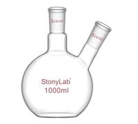 stoneylab Matraz de Fondo Plano FBF, 2 Cuello Matraz de Laboratorio de Muro Pesado Matraz de Ebullición de Fondo Plano de Vidrio de Borosilicato con Junta Estándar de 24/40, 1000 ml