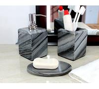 StonKraft Juego de accesorios de baño hecho de piedra natural negro/gris - Accesorios de baño juego de 4 incluye dispensador de jabón, soporte para cepillo de dientes, utilidad y jabonera