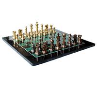 StonKraft Juego de tablero de ajedrez coleccionable de mármol negro y piedra de malaquita + piezas de latón - Decoración de ajedrez - Decoración del hogar - 15 pulgadas