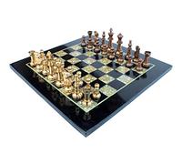 StonKraft - Juego de tablero de ajedrez de piedra de 15 x 15 pulgadas, hecho con mármol negro y nácar con piezas de latón