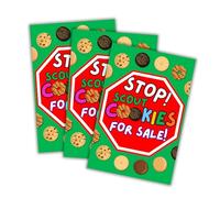 Stop Scout Cookies Sold Here | Paquete de 3, 12 x 18 pulgadas, diseños mixtos, letrero de patio al aire libre que se sostiene en el stand para comprar galletas de niña, líder de tropas y número