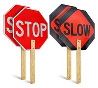 Stop Slow Sign with Bamboo Handle, 2-Pack 13" x 13" Double Sided Engineer Grade Aluminum Sign, Reflective,Sturdy, Easy to Assemble