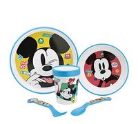 Vajilla infantil reutilizable antideslizante con base de silicona bicolor compuesto de plato, cuenco, vaso y cubiertos en caja de Mickey Mouse