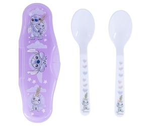 STOR Set 2 Cucharas para Bebé Stitch Disney con Estuche de Viaje - Plástico Sin BPA - Formas Redondeadas Seguras