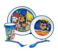 Vajilla infantil reutilizable antideslizante con base de silicona bicolor compuesto de plato, cuenco, vaso y cubiertos en caja de La Patrulla Canina