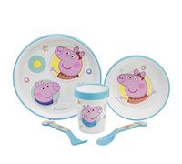 Set de vajilla infantil reutilizable antideslizante con base de silicona bicolor compuesto de plato, cuenco, vaso y cubiertos en caja de Peppa Pig