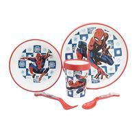 Vajilla infantil reutilizable antideslizante con base de silicona bicolor compuesto de plato, cuenco, vaso y cubiertos en caja de Spider-man