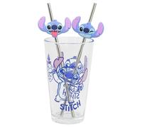 Stor Set Vaso de Cristal con Pajitas de Acero Inoxidable Stitch 480ml, Ideal para Bebidas Frías y Calientes