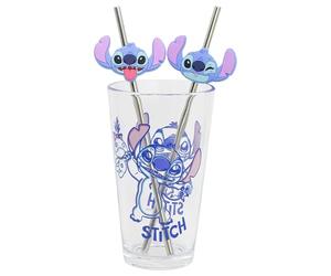 Stor Set Vaso de Cristal con Pajitas de Acero Inoxidable Stitch 480ml, Ideal para Bebidas Frías y Calientes