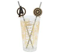 Stor Set Vaso de Cristal con Pajitas de Acero Inoxidable Vengadores 480ml, Ideal para Bebidas Frías y Calientes