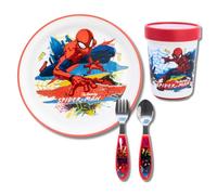 Stor, Vajilla Infantil, Set de Cubiertos Infantiles con Plato y Vaso Reutilizables, Base de Silicona Antideslizante, (Plato, Vaso, Tenedor y Cuchara Acero Inoxidable) (Spiderman)