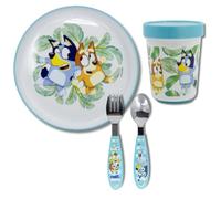 Stor, Vajilla Infantil, Set de Cubiertos Infantiles con Plato y Vaso Reutilizables, Base de Silicona Antideslizante, (Plato, Vaso, Tenedor y Cuchara Acero Inoxidable) (Bluey)