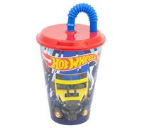 Stor Vaso Infantil con Tapa y Pajita Hot Wheels 430ml - Vaso Reutilizable de Plástico Resistente para Niños - Sin Derrames