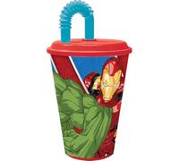 STOR Vaso infantil Marvel Avengers Iron Man Hulk 430 ml de plástico rojo y azul con pajita y tapa flexible