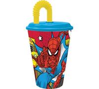 STOR Vaso infantil Marvel Spiderman Spider-Man de plástico azul y amarillo, 430 ml con pajita y tapa flexible